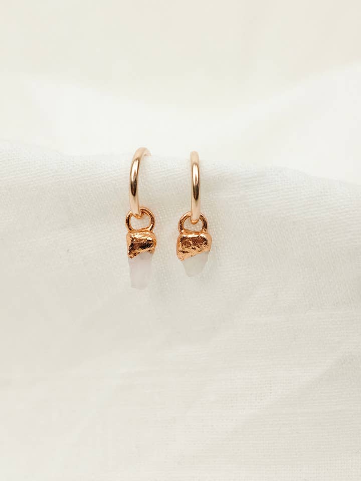 Rose Quartz Huggies in Copper for wholesale by Lyon and Feather