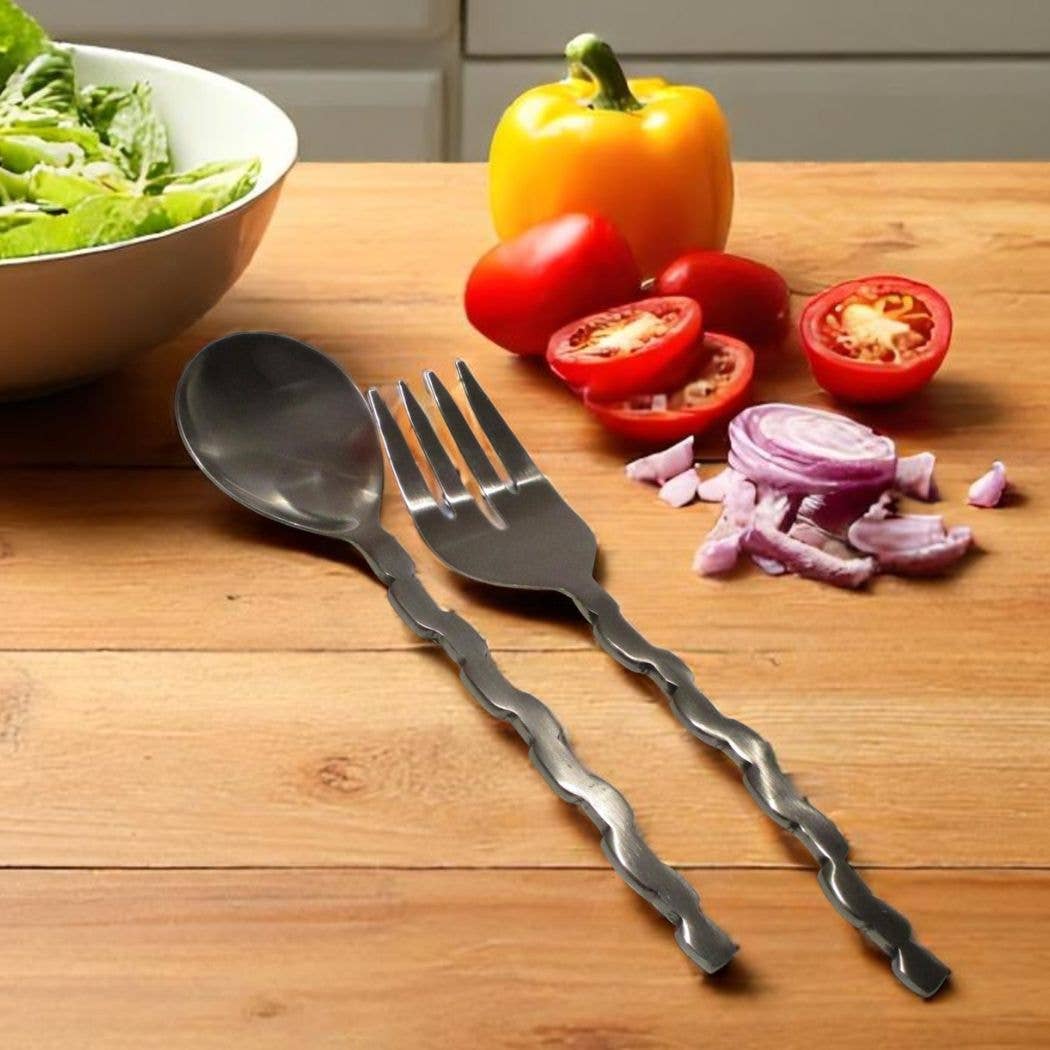 Shastra Home - Wholesale Appetizer Serveware - Stainless Steel 2PC Salad Server - Puzzle Shaped Handle1