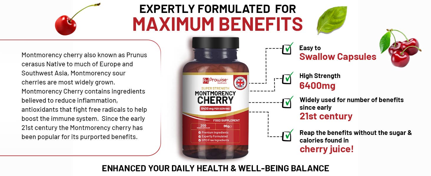 Prowise Healthcare - Venta al por mayor Suplementos/vitaminas para beber - Montmorency Cherry 6400 mg - Extracto de 200 cápsulas de cereza ácida7