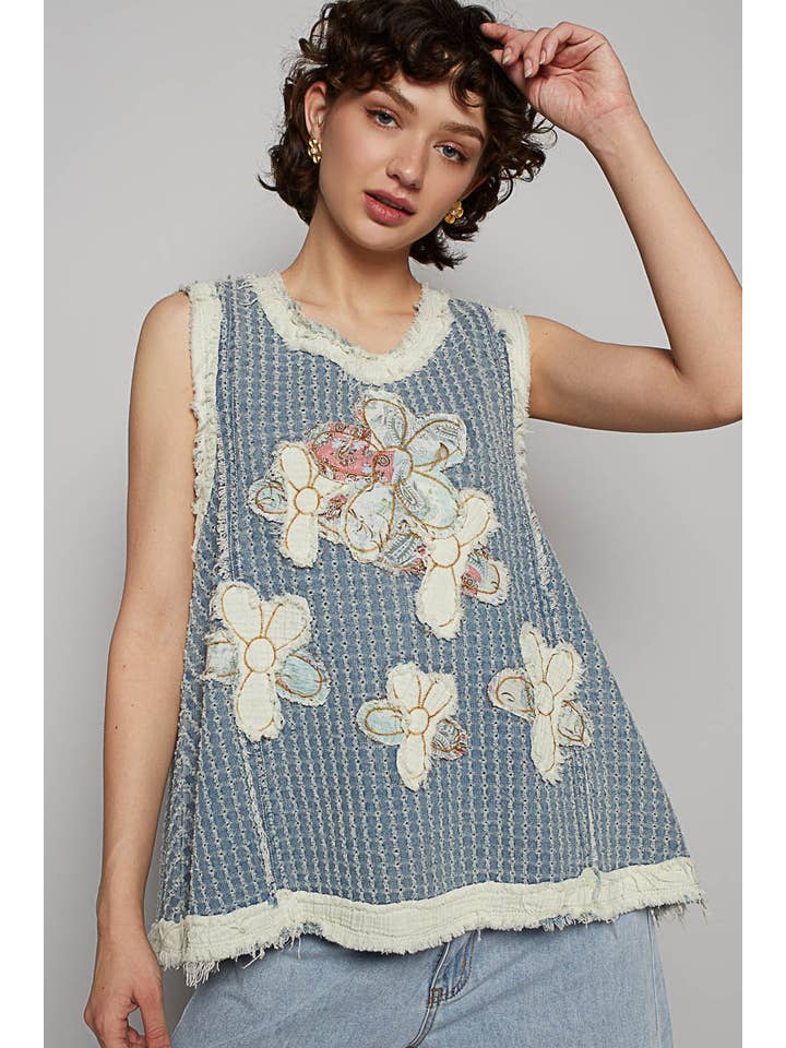 Pol Clothing - Wholesale Blouse - Women's - Round neck sleeveless denim flower patch top