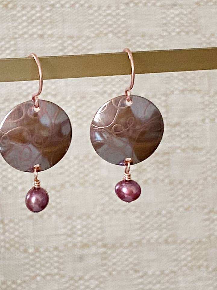 Mae Patinated Copper Disc Dangle Earrings for wholesale by Metric Forrest Studio