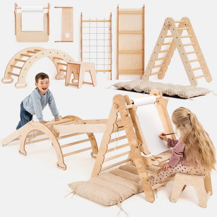 6in1 Montessori Climbing Frame: Pikler Triangle + Climbing Arch + Slide Board + Net + Cushion + Art Addition for wholesale by Goodevas United Kingdom
