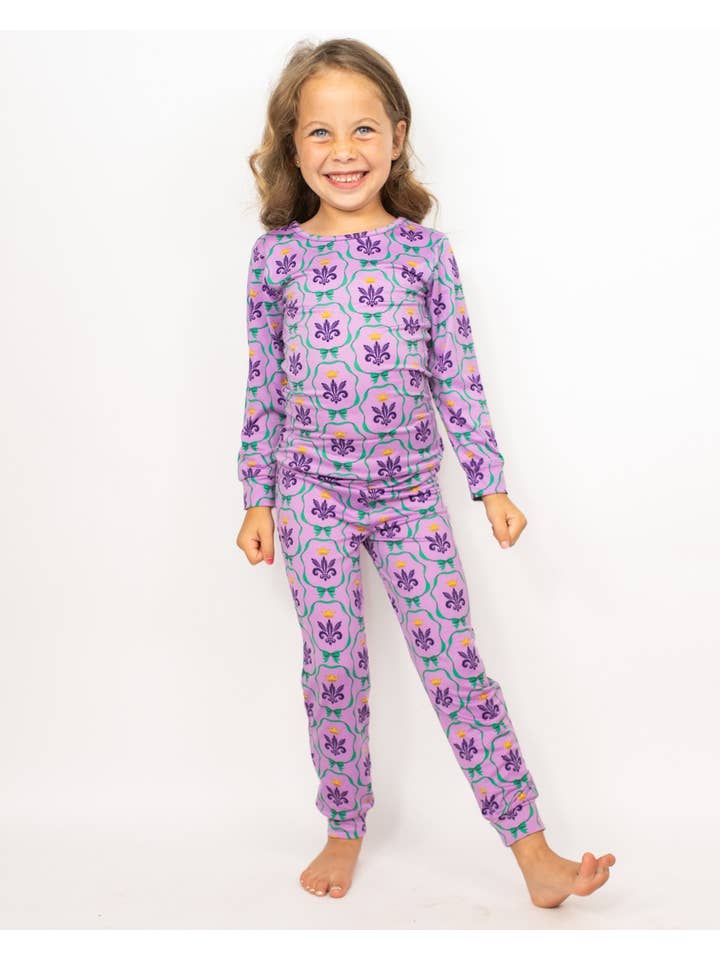 The Royal Standard - Wholesale Sleepwear set – Kids - Kid's Mardi Bow Long Sleeve Pajamas Light Purple/Multi Set of 2 -Asst.