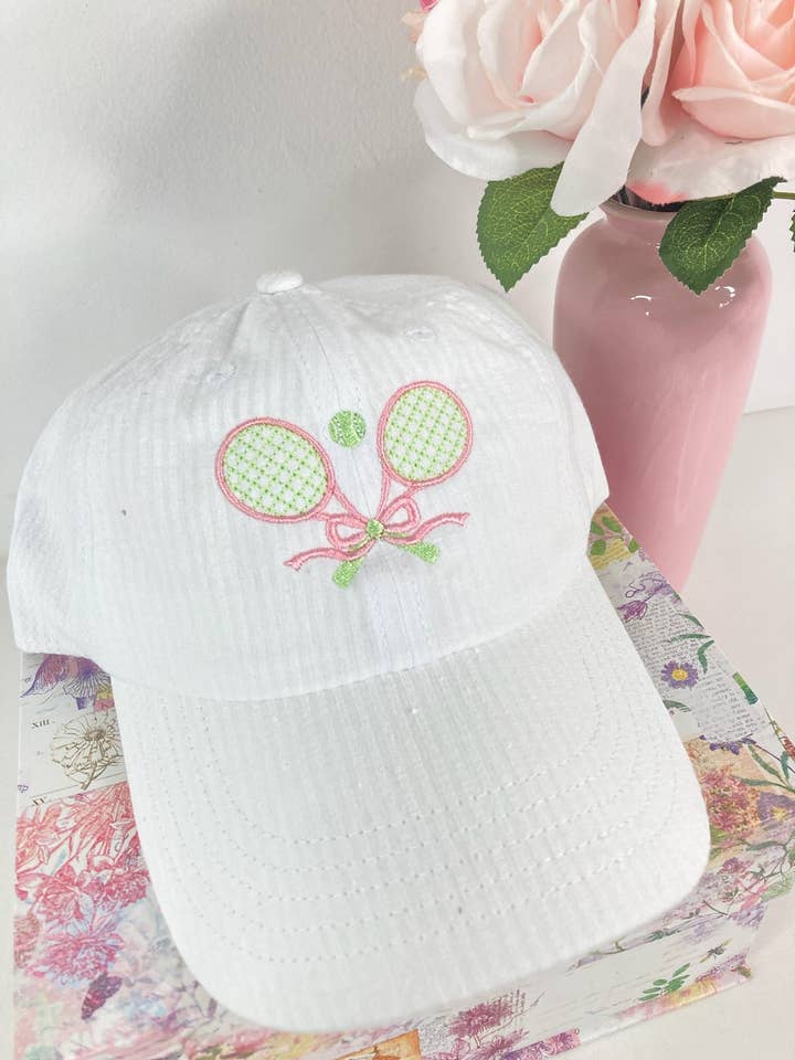 Tennis Racquet Seersucker embroidered Tennis Hat / Sports for wholesale by EstelleJoyLynn, LLC