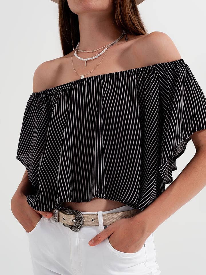 Black Bardot top in stripe for wholesale on Faire5
