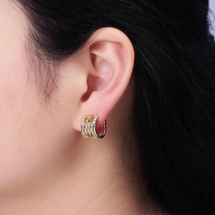 Aim Eternal - Wholesale Huggie Earrings - 14K Gold Filled Clear Micro Paved Lined Multiple Band Bamboo Wide 14mm Huggie Earrings | AE5491