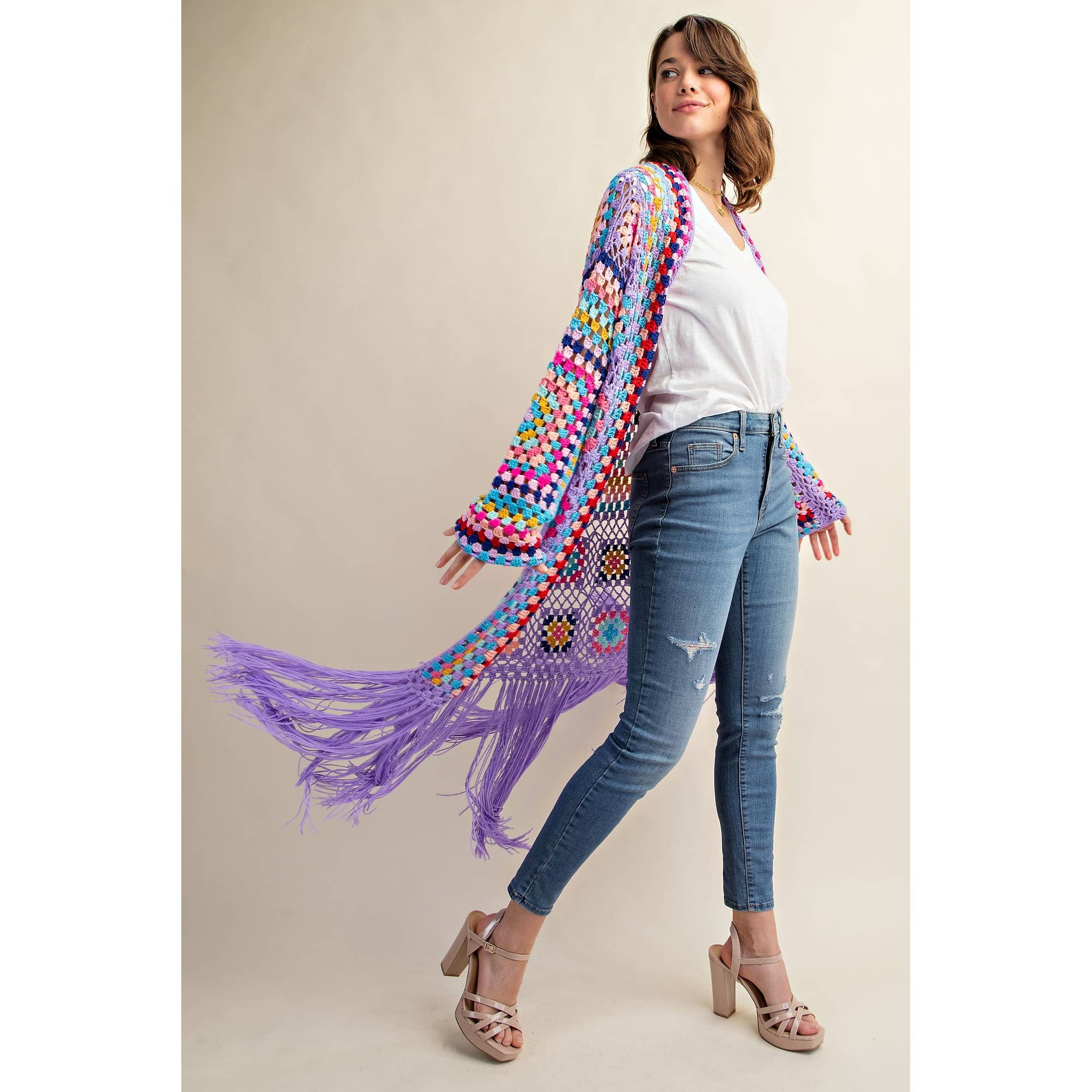 Sweet Generis - Wholesale Cardigan - Women's - COLORFUL CROCHET FRINGE CARDIGAN DUSTER12