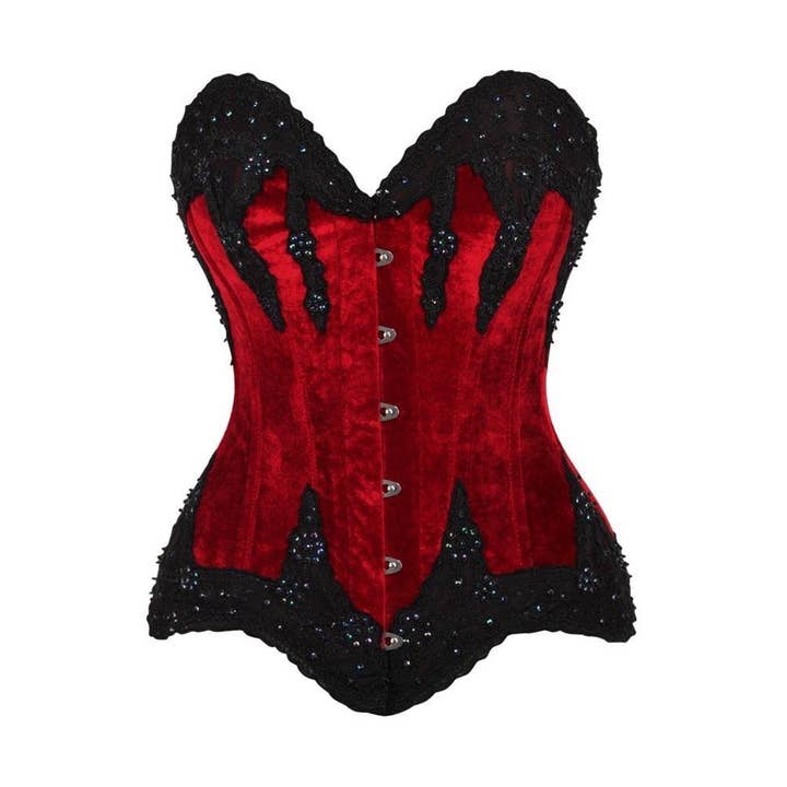 Top Drawer Dark Red Velvet & Beaded Steel Boned Overbust Corset for wholesale by Daisy Corsets