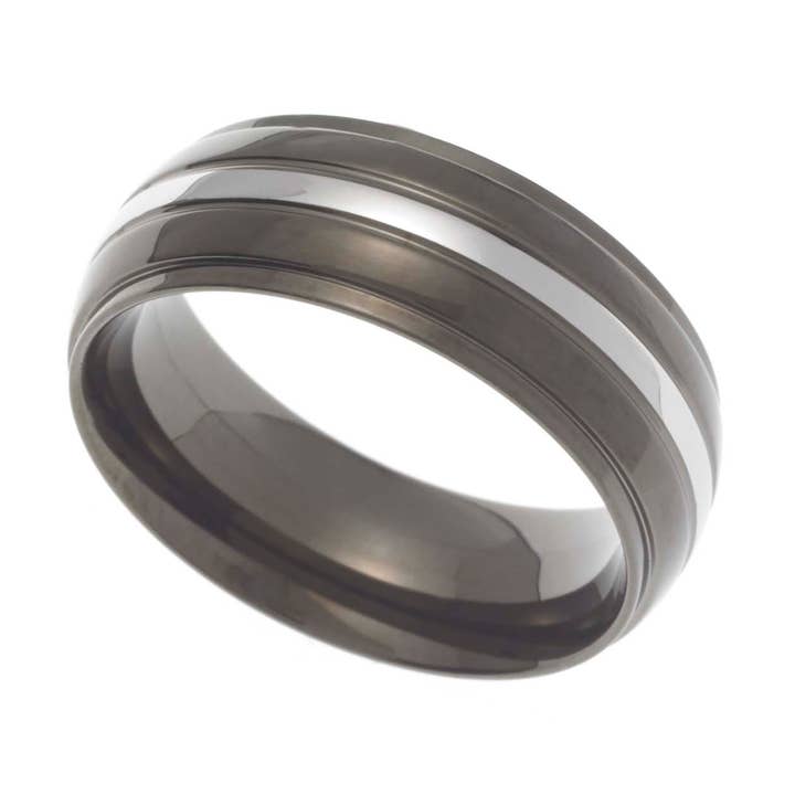 Bague de mariage en forme de dôme en acier inoxydable noir de 8 mm pour la vente par Joyful Sentiments