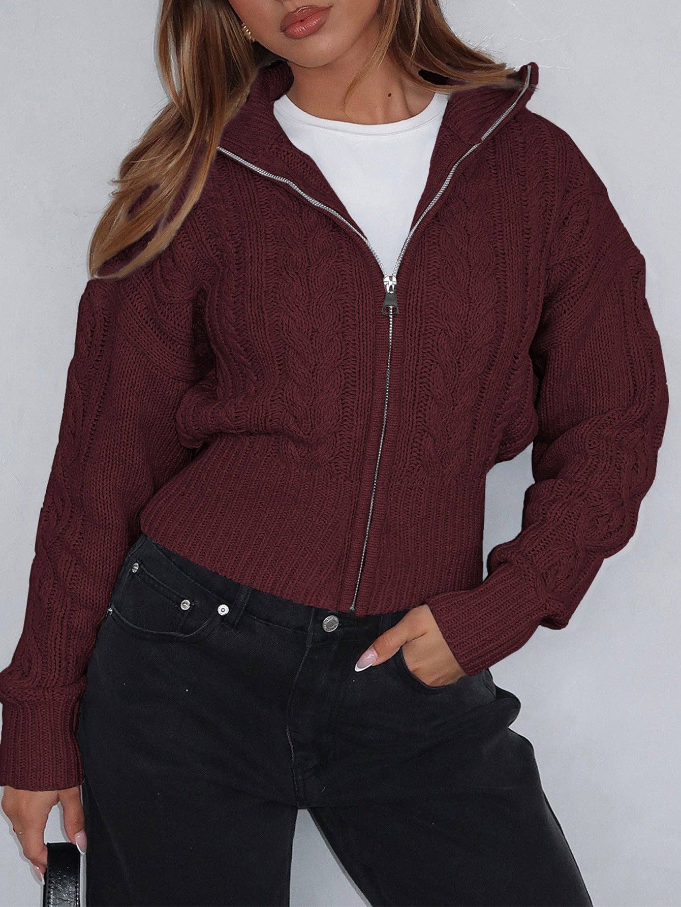 Suhkasana - Venta al por mayor Sudadera con capucha - Mujer - Chaqueta con capucha de punto sólido para mujer, suéter corto de manga larga con cremallera.6