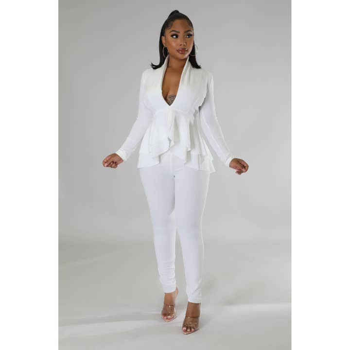 Plus Solid V neck Ruffle Blous and Pants Set for wholesale by Black Pearl Clothing