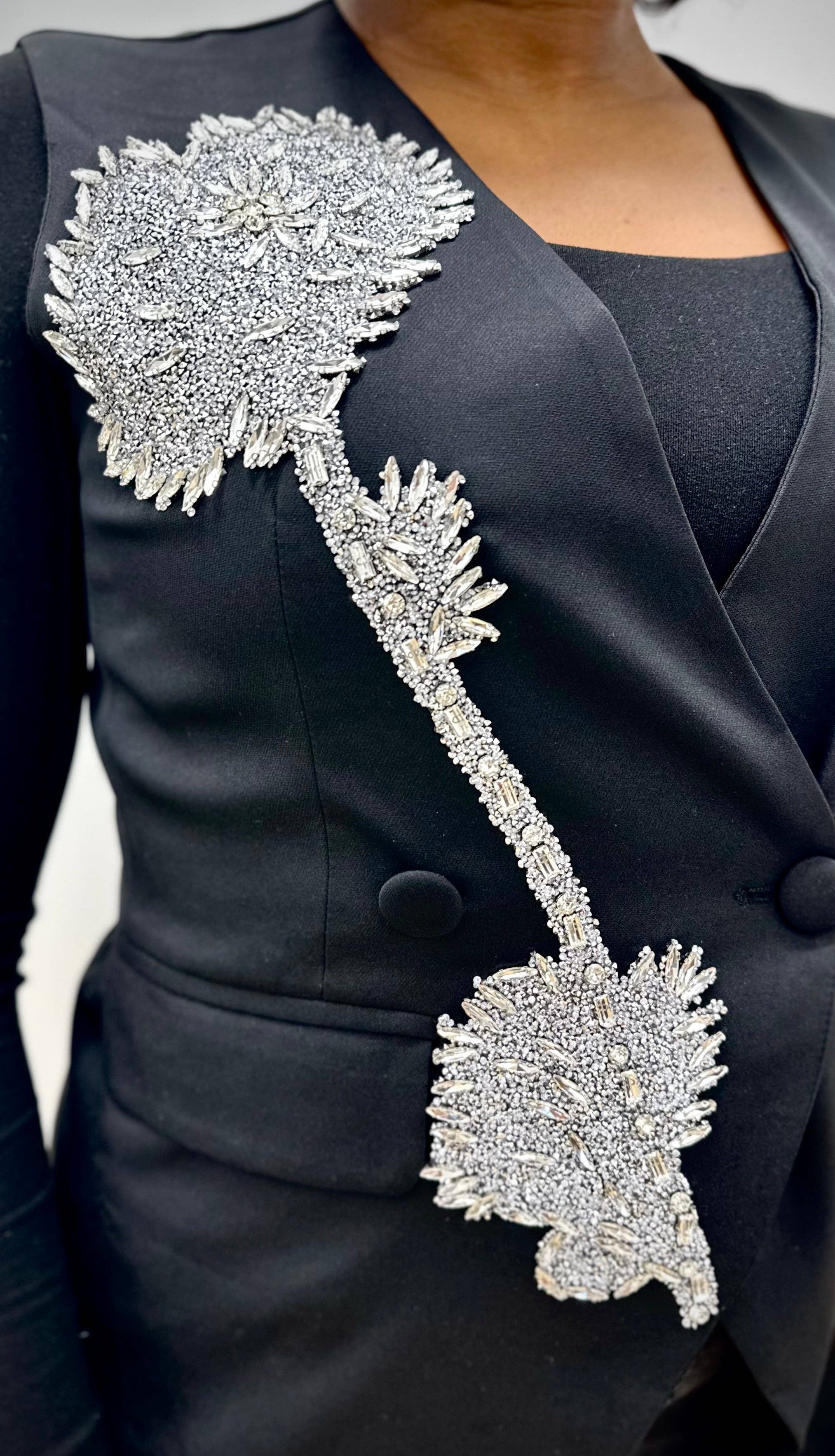 BLACK S3096 BEADED APPLIQUE TOP / PANT SET for wholesale on Faire2