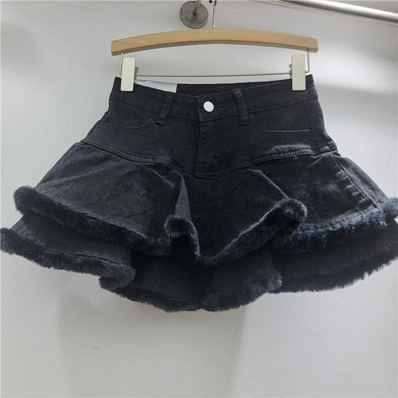 Sanyao Fashion – wholesale Skirt – Women’s – 1M260 Retro Fur-Trimmed Denim Layered Skirt for Autumn3