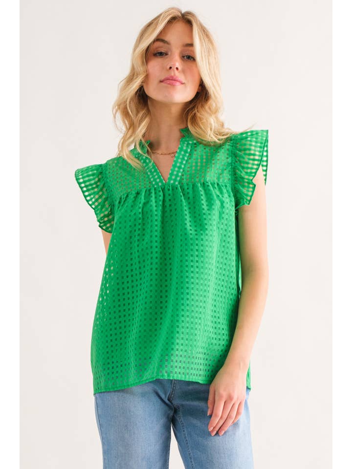 AND THE WHY - Wholesale Blouse - Women's - ATW14889 - Sheer and Gridded Baby Doll Ruffled Top