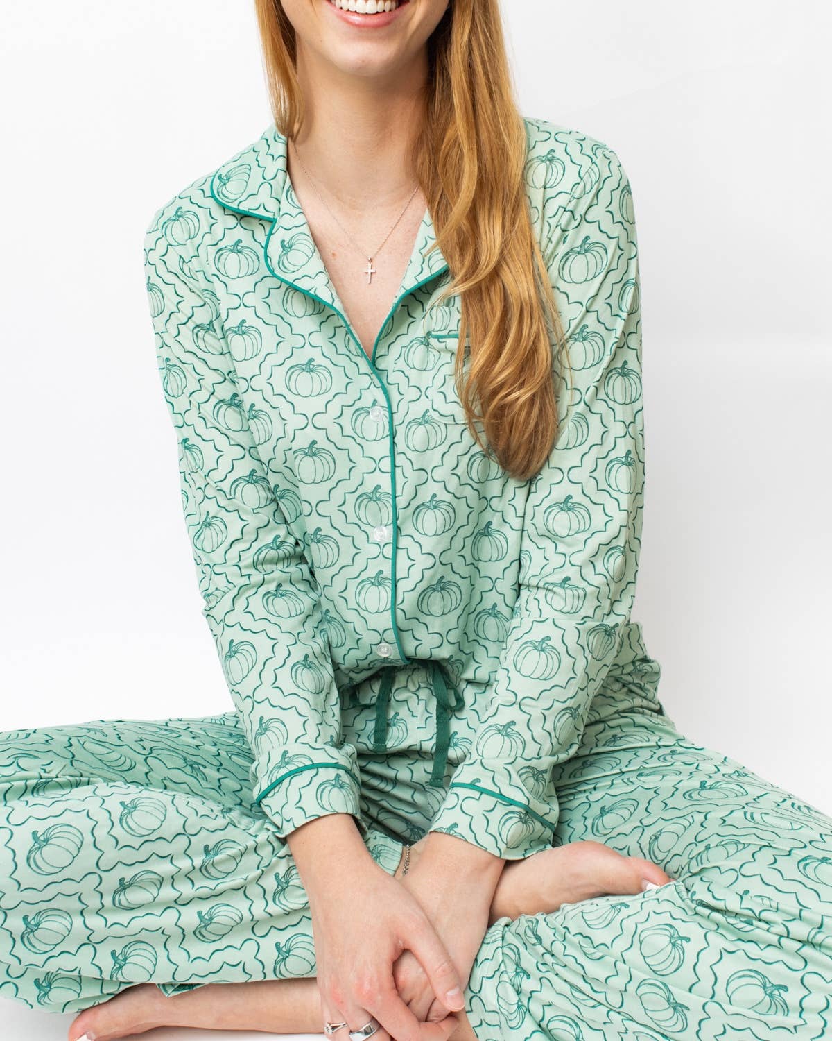 The Royal Standard - Vente Haut de pyjama – femme - Chemise de nuit à manches longues boutonnée Give 'em Pumpkin   Jade clair/Jasper   -Assortie.2