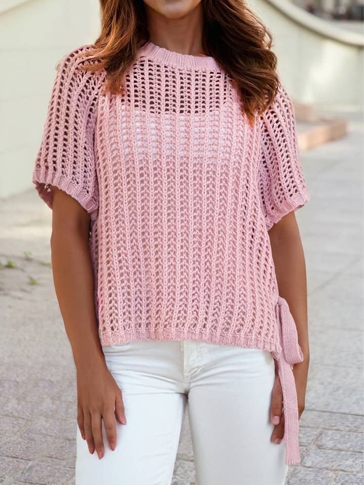1 the Woman - Wholesale Knit Sweater - Women's - Hollow-out Crochet Side Tied Short Sleeve Sweater