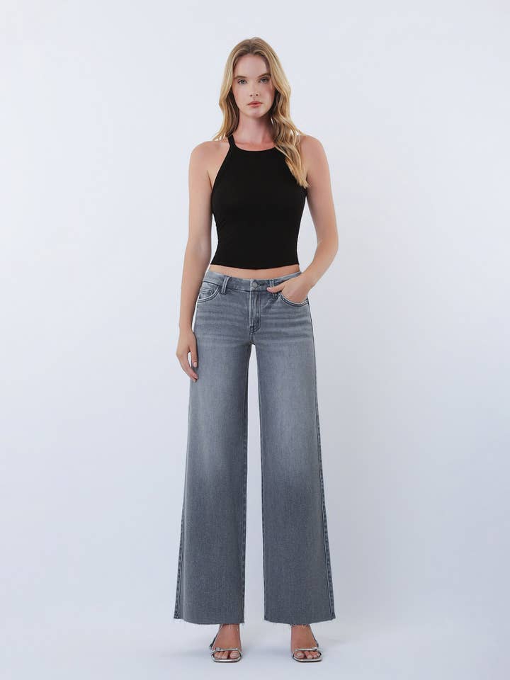 MID RISE CLEAN CUT RAW HEM GREY WIDE LEG JEANS T6017GY for wholesale by VERVET by FLYING MONKEY