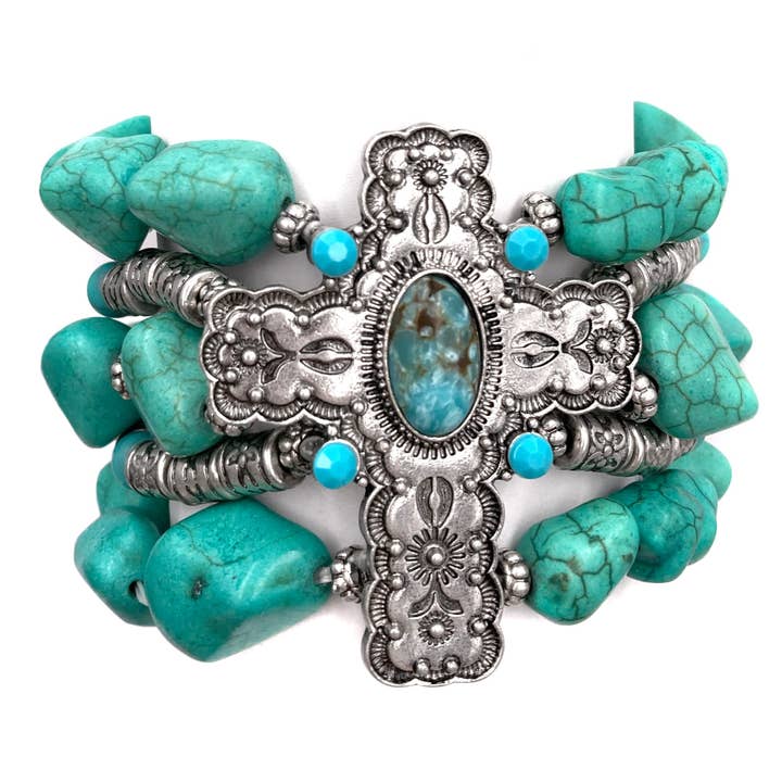 Cross Turquoise Pebbles Western Chunky Bracelet for wholesale by Lunar Deer