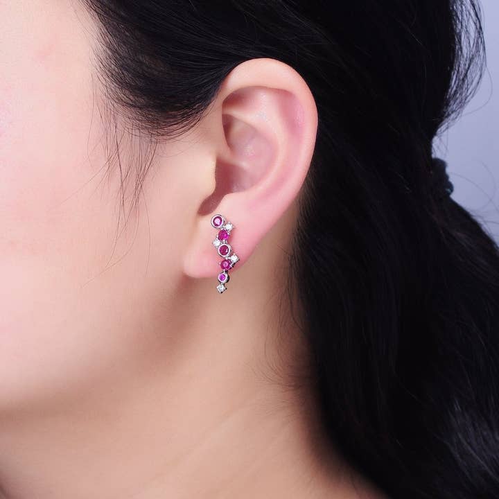 Aim Eternal - Wholesale Stud/Post Earrings - Tiny Fuchsia CZEarrings, Small Ear Climber Earrings AB606 AB6073