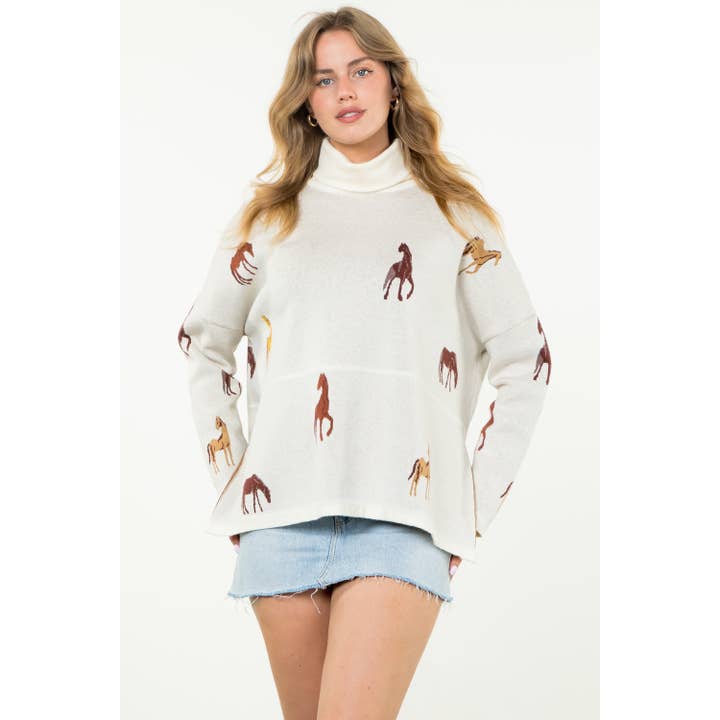 THML - Wholesale Knit Sweater - Women's - Turtleneck Horse Print Sweater