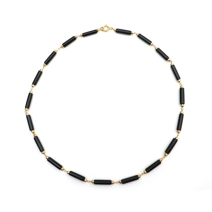 Fine Facets – Großhandel Perlenkette – Halskette aus natürlichen Edelstein-Schwarzonyx-Zylinderperlen mit Gold.