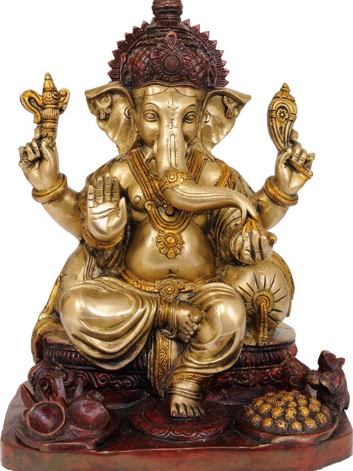 Ganesha sentado con cuatro brazos de 12 pulgadas en latón | Hecho a mano para venta al por mayor de Exotic India Art