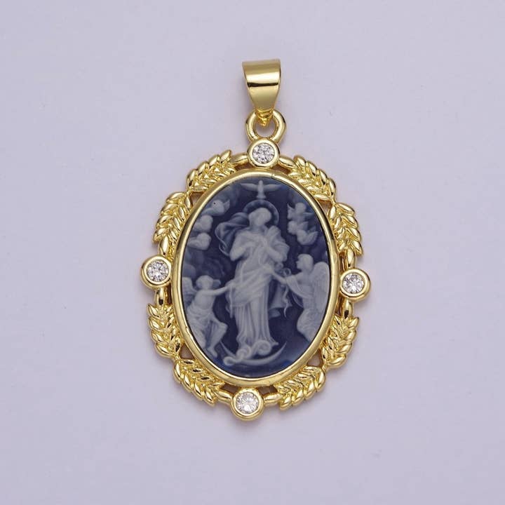 Dainty Micro Pave Vintage Blue Agate Jesus pendant Angel cameo jewelry Charm Necklace J-327 for wholesale by Aim Eternal