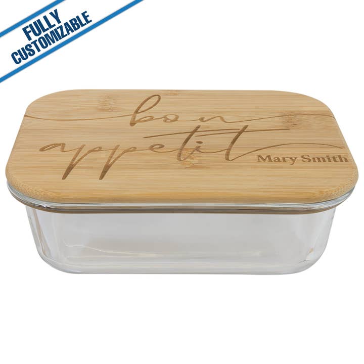 GiftWorksPlus - Wholesale Food Storage Container - Rectangle Glass Container - Bamboo Lid - Fully Customizable