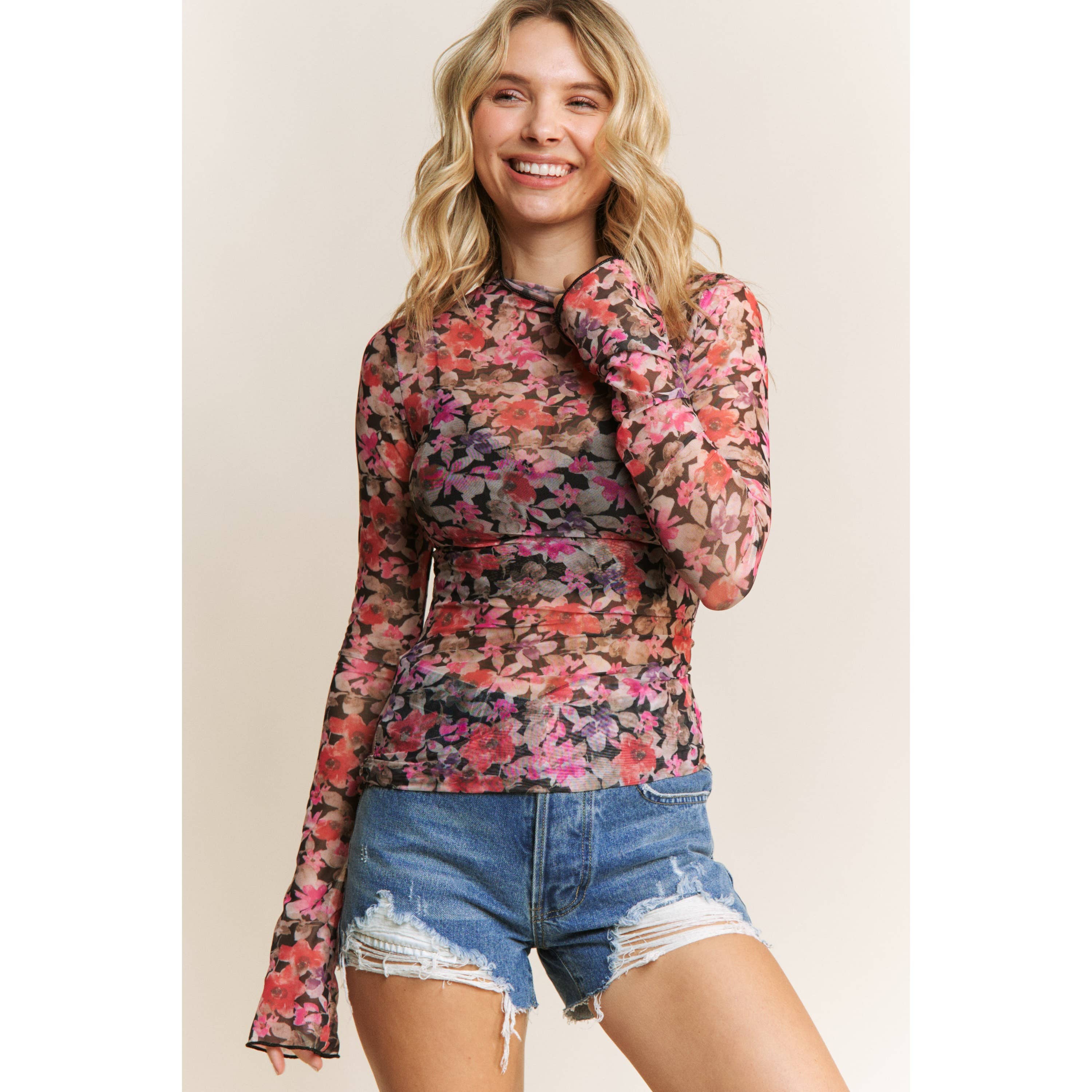 Sweet Generis - Wholesale Knit Top - Women's - CUTE FLORAL PRINT MESH HIGH NECK DESIGN LONG SLEEVE FITTED T13