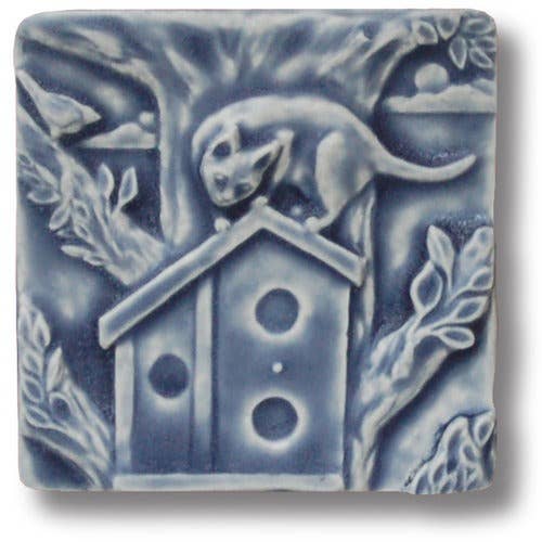 Cat on Birdhouse Art Tile 4x4 Cat art Cat wall decor purr for wholesale by Whistling Frog Tile Inc.