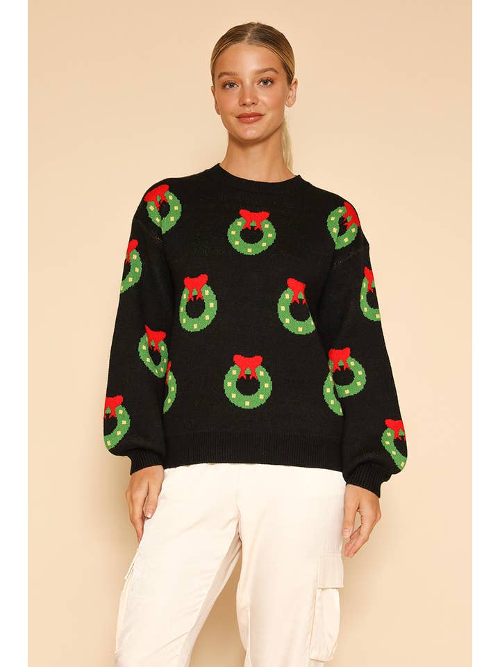 Black multi All over wreath holiday knit sweater for wholesale on Faire