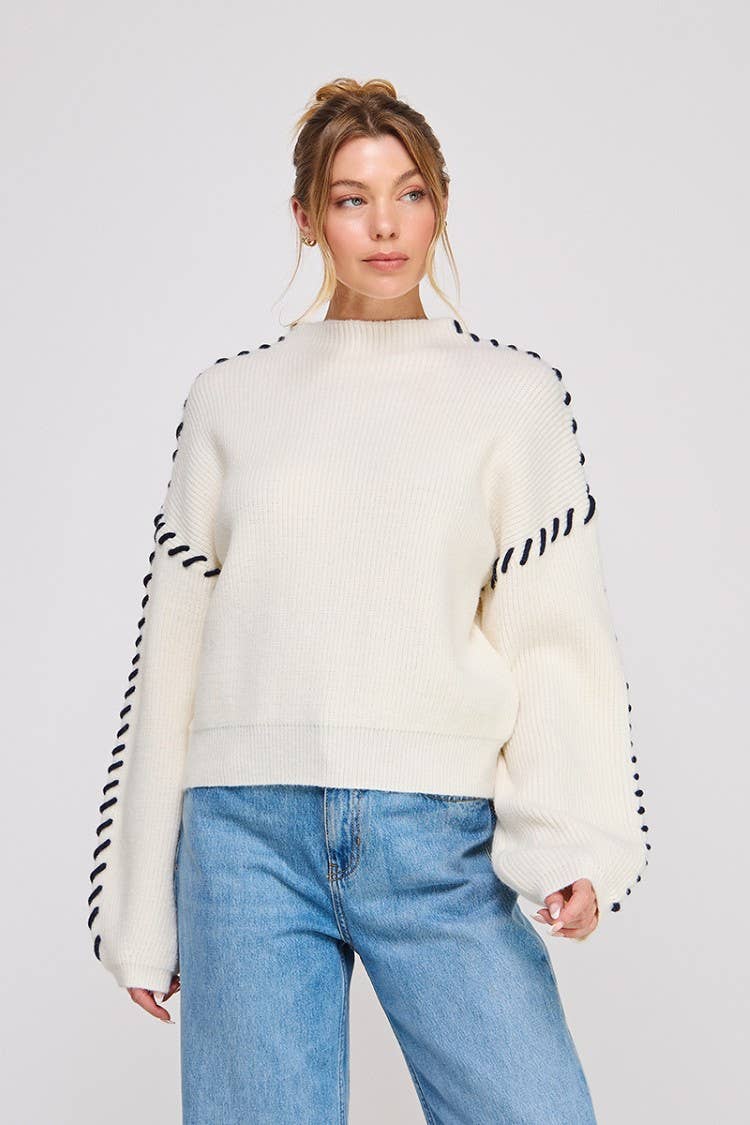 Allie Rose - Wholesale Knit Sweater - Women's - Lofty mock neck sweater w contrast stitch detail0
