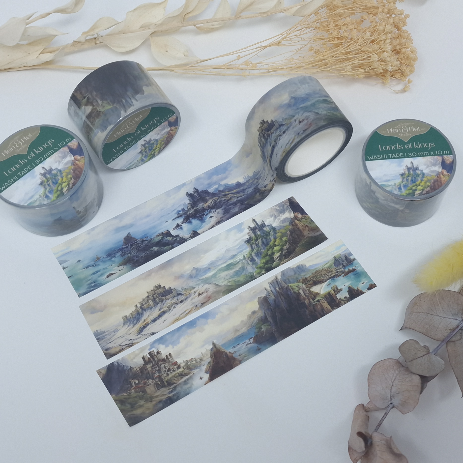 Plan & Plot Studio - Vente Rubans adhésifs Washi - Washi tape « Lands of Kings » avec paysages et châteaux médiévaux12