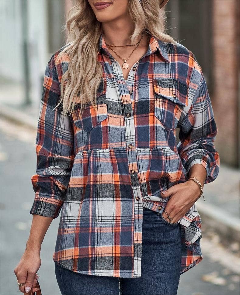 Rosa Clothing - Wholesale Button Down Shirt - Women's - Pocket long-sleeve plaid shirt jacket0
