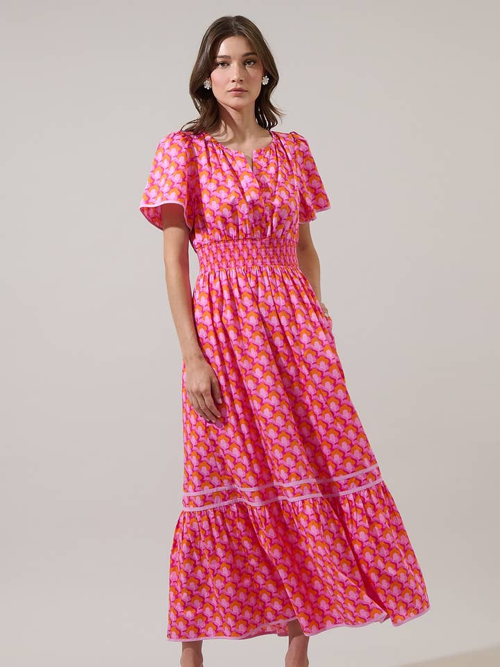 PINK ORG MUL Paden Abstract Ordy Smocked Midi Dress for wholesale on Faire
