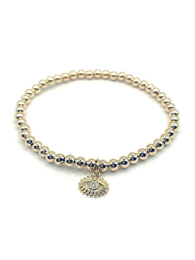 Evil Eye Handmade Stretchy Charm Bracelet in 18k Gold Plated for wholesale by Kaylie Dawn Jewelry