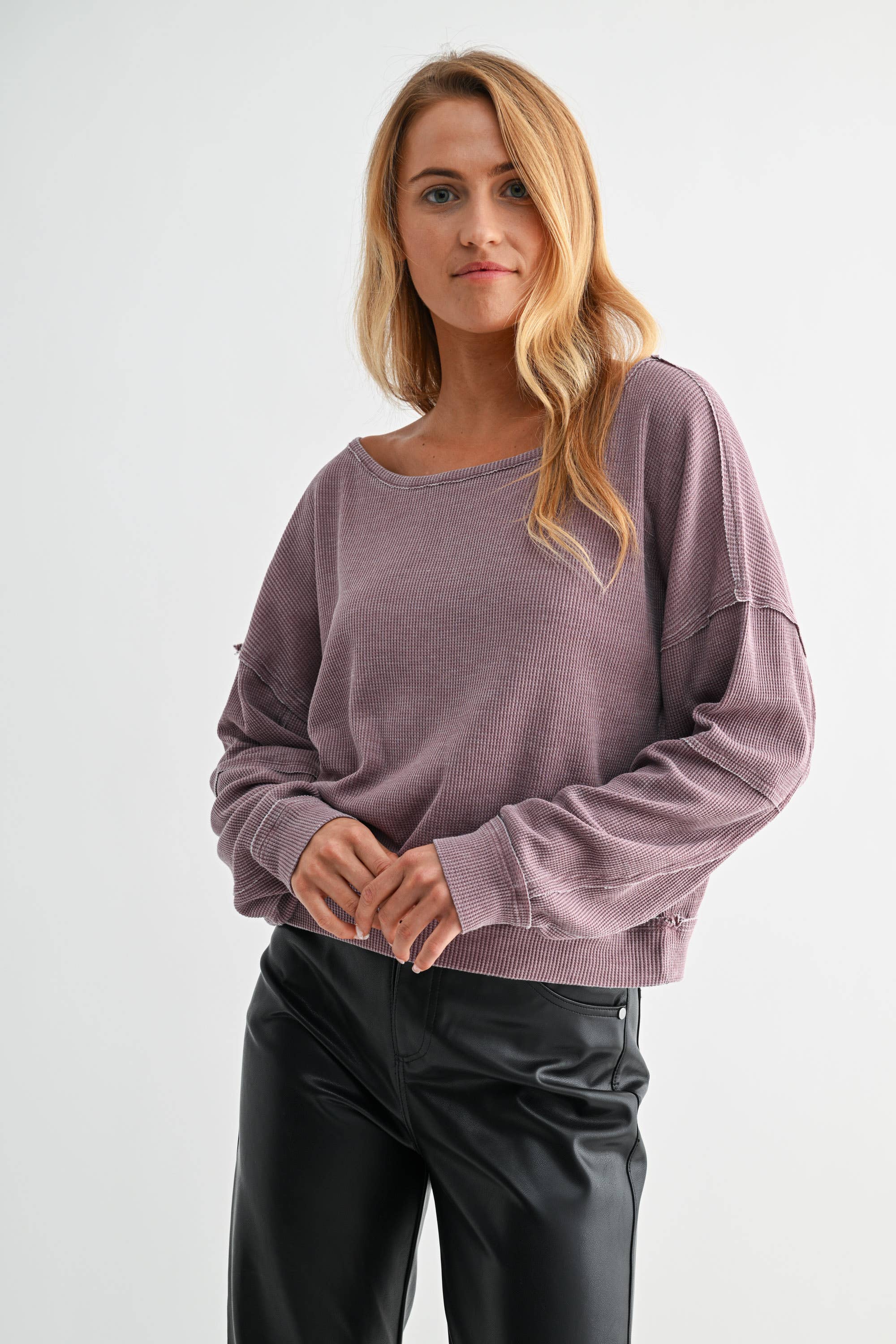 Mono B - Wholesale Sweatshirt - Women's - Raw Edge Waffle Knit Boatneck Pullover9