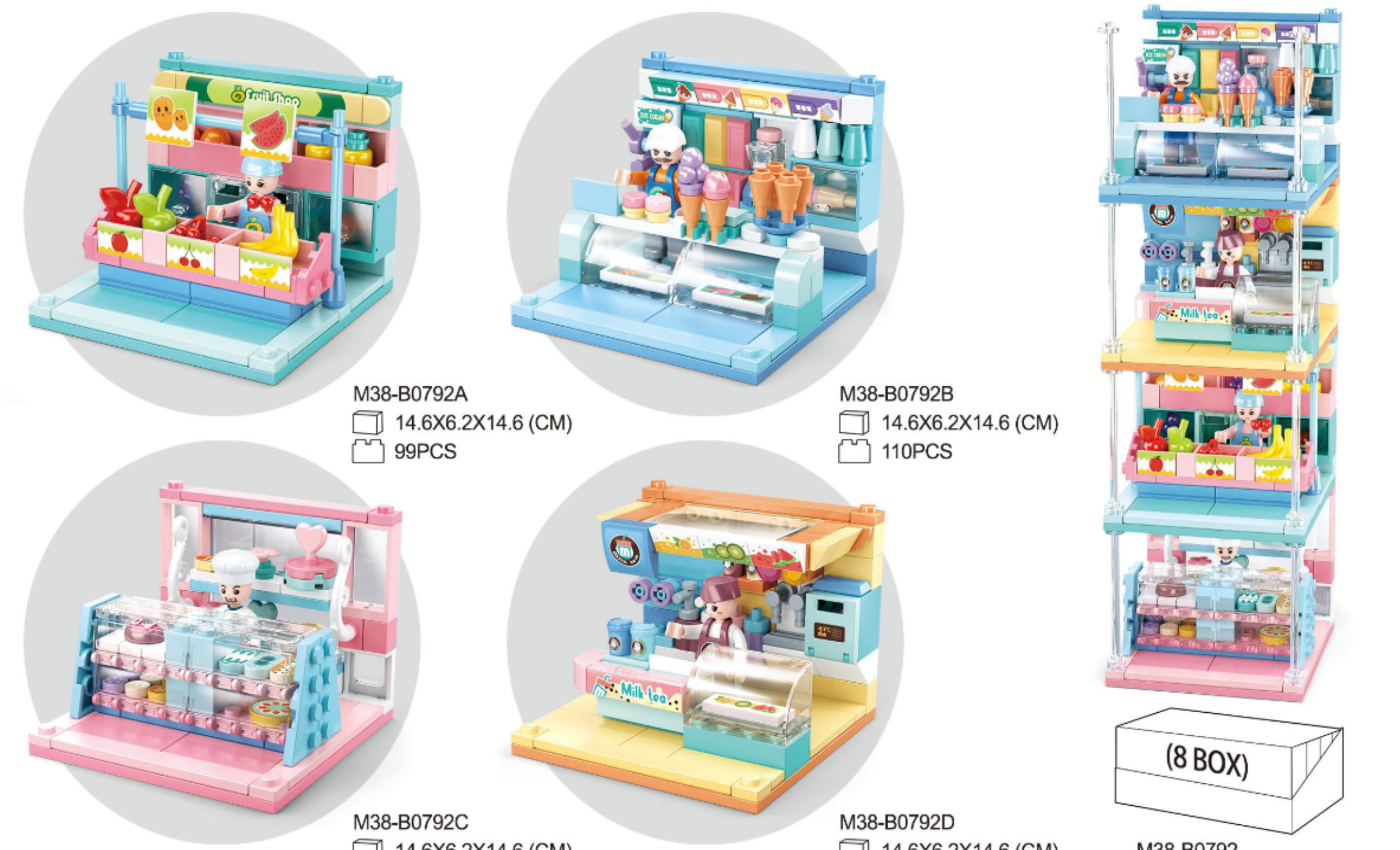 Texas Toy Distribution - Wholesale Building Set - Kids - Food Shop Building Brick Display Set (x2 of each kit A-D)5