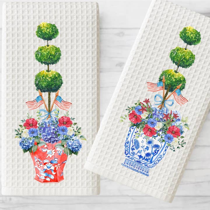 Custom Patriotic Chinoiserie Tea Towel: 4th of July Kitchen Decor for wholesale by Cottage & Club