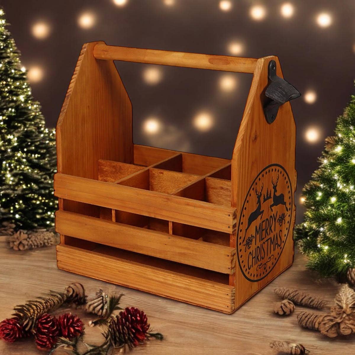 Minster Stylish Living Ltd - Wholesale Beer/Wine Caddy - Wooden 6 Bottle Holder With Metal Opener