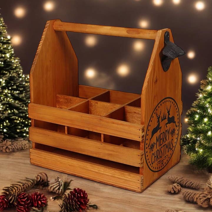 Minster Stylish Living Ltd - Wholesale Beer/Wine Caddy - Wooden 6 Bottle Holder With Metal Opener0