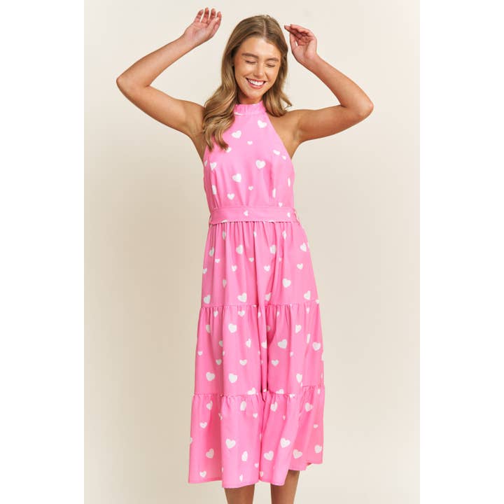 Sweet Generis - Wholesale Dress - Women's - SOFT WOVEN VALENTINE HEART PRINT HULTER NECK MIDI DRESS WITH
