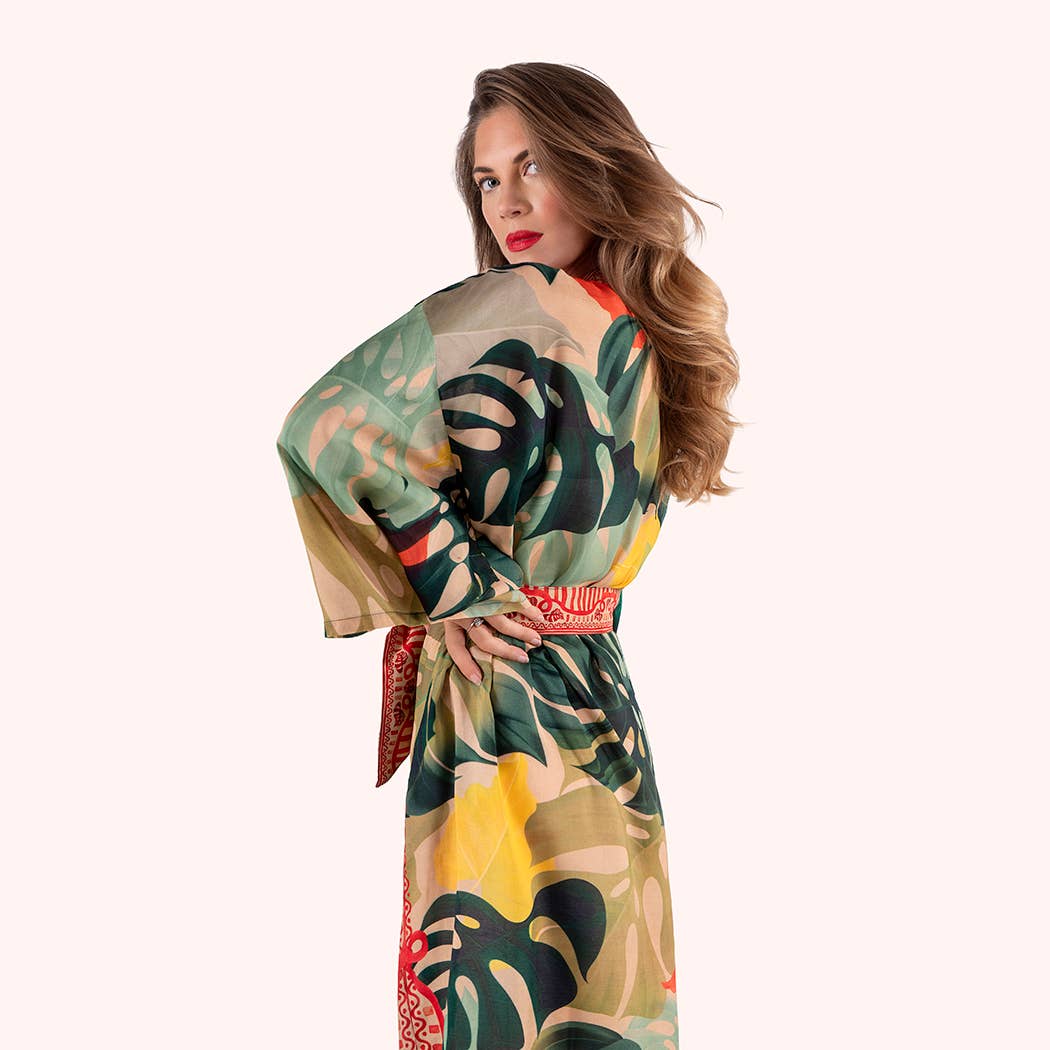 Green *SS26* Kimono Gown - Exotic Leaves for wholesale on Faire4