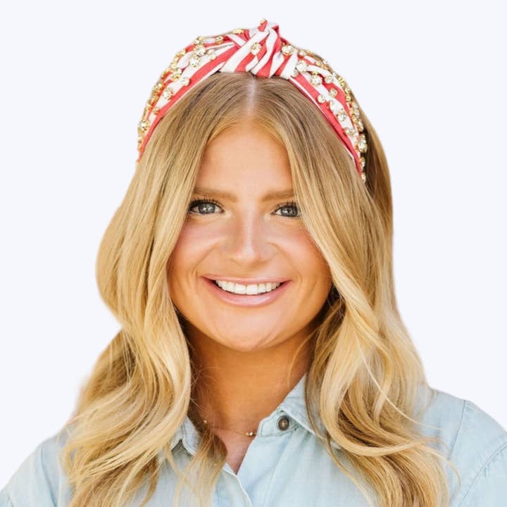The Heady Chic - Wholesale Fashion Headband - Women's - Adult Red and White Stripe Knotted Headband with Embellishments