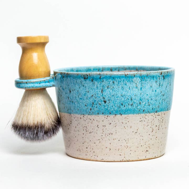 White Squirrel Clayworks - Wholesale Shave Bowl - Men's - Light Blue Shave Bowl - Handthrown in Ohio, Ceramic & brush2