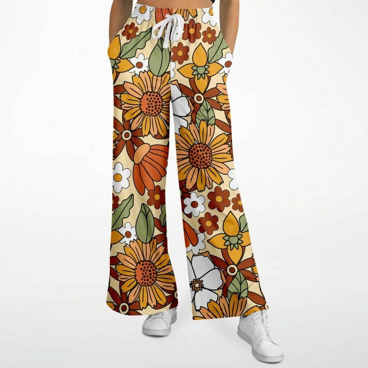 Flower Power Flare Pants, High Waisted Flare Pants Women, Retro Flare Pants, Flare Trousers, Flare Joggers, Boho Flare Pants, 70s Pants for wholesale by Raiana's Vibes