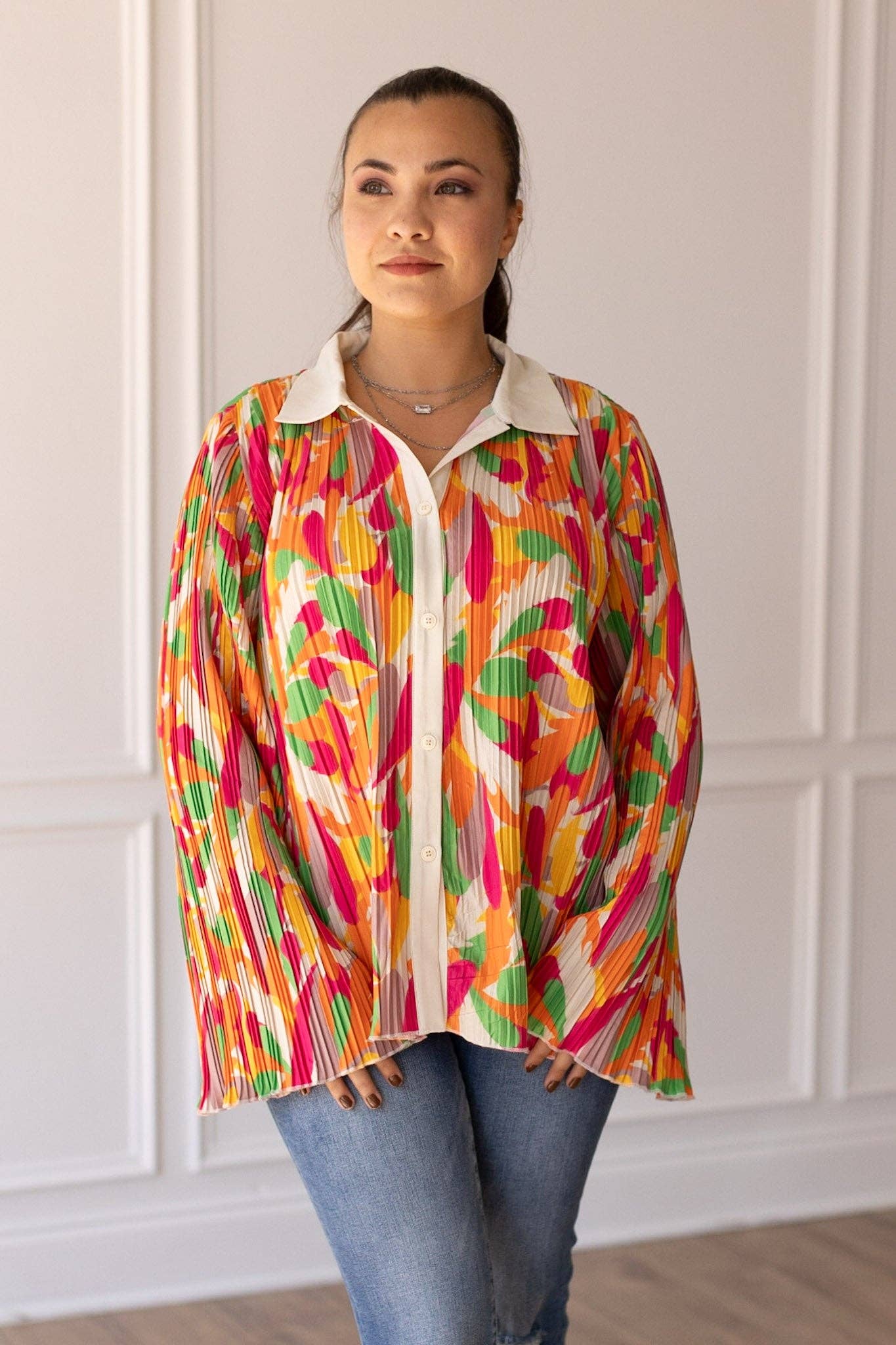 Multi Color Pleats and Petals Flare Sleeve Top for wholesale on Faire