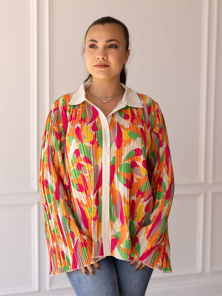 Multi Color Pleats and Petals Flare Sleeve Top for wholesale on Faire0