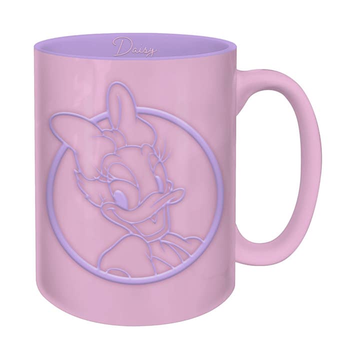 Daisy Duck Circle Badge Wax Resist 17oz Ceramic Pottery Mug for wholesale by Silver Buffalo