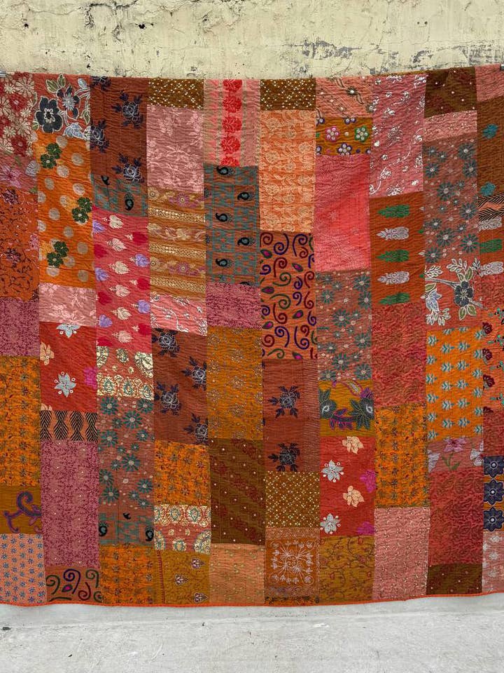 Orange Cotton Bed Throw Kantha Patchwork Embroidery Quilts for wholesale by bhavnas boutique